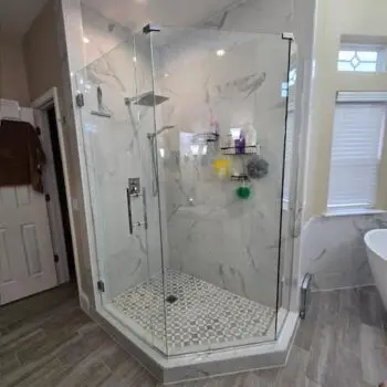 Glass shower enclosure with shelves